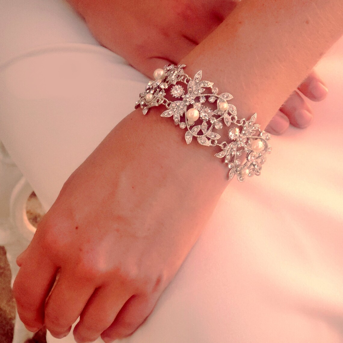 Wedding Cuff Bracelet With Crystals and Pearls Crystal Leaves Etsy