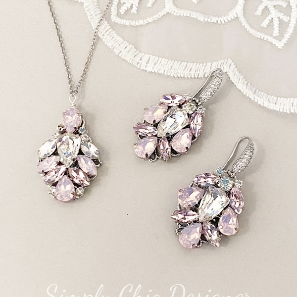 Silver Vintage Swarovski Rose Opal Earrings Necklace Set, Blush Pink Wedding Jewelry, Bridal Pink Crystal Earrings Pendant, Light Pink