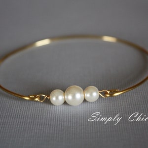 Three Pearl Bracelet Bangle, Past Present Future Jewelry, Girlfriend Gift, Gold Bangle, Bridal bracelet, Bridesmaid,Memorable gifts, image 1