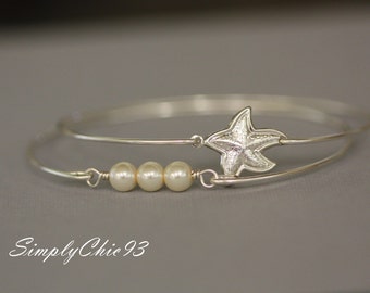 Starfish and Three pearls Gold Bangle Bracelet Nautical jewelry Set of two