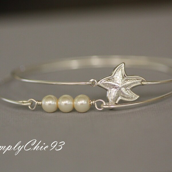 Starfish and Three pearls Gold Bangle Bracelet Nautical jewelry Set of two