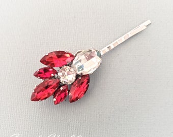 Ruby Red Rhinestone Hair Pin. Vintage Hair Clip, Head Piece, Vintage Art Deco Pin, Oval, Leaves,Swarovski Red Crystal Hair Bobby Pin