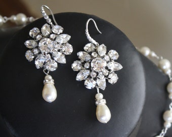 Piony Swarovski crystal and pearl chandelier bridal earrings