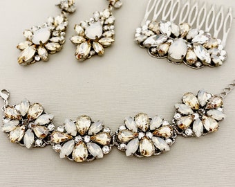Vintage Bridal Earrings, Swarovski Gold Shadow Wedding earrings, Large Vintage Earrings, Handmade Chandelier Earrings ,White opal ,
