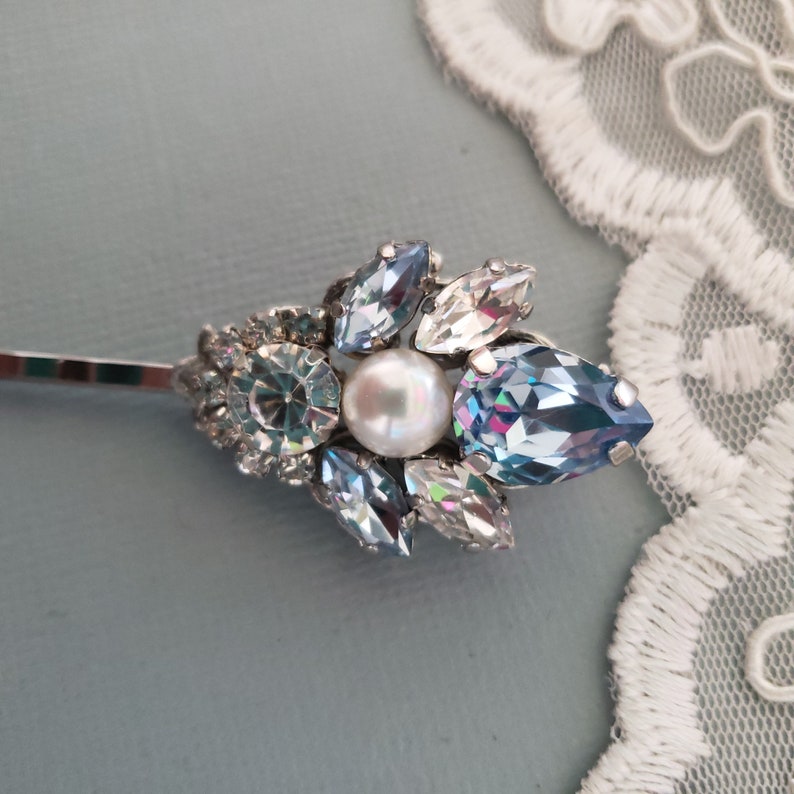 Snow Blue Pins, Light Sapphire Blue Swarovski Crystal Hair Pin. Vintage Dusty Blue Hair Clip,Head Piece, Wedding Crystal Hair Bobby Pin image 7