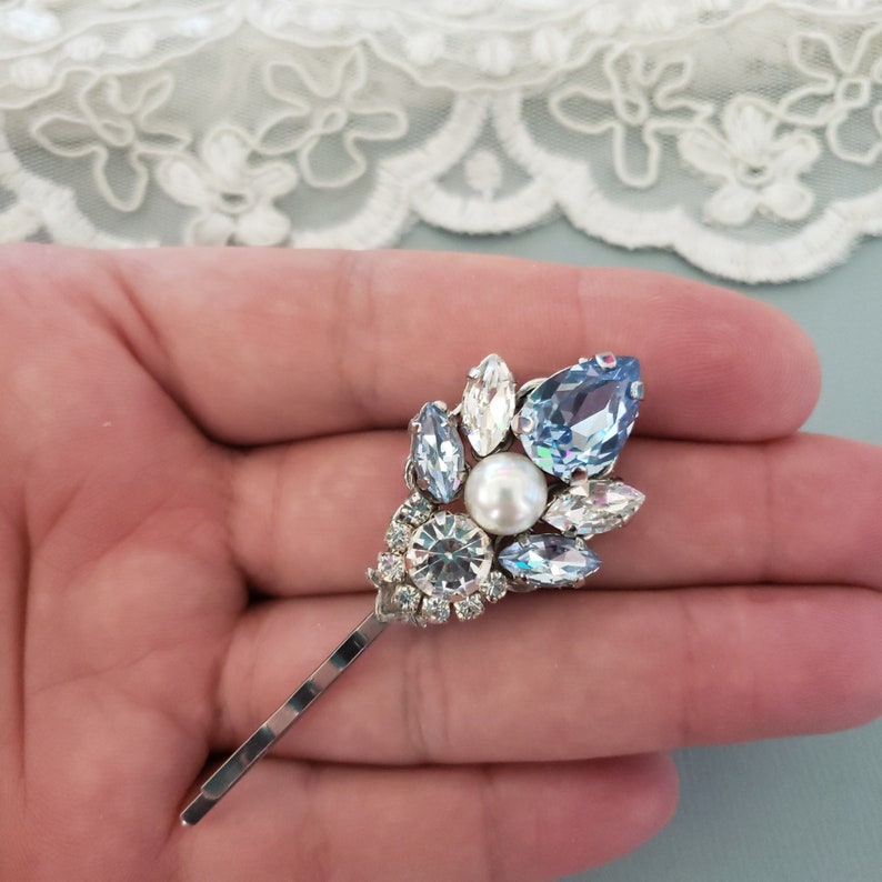 Snow Blue Pins, Light Sapphire Blue Swarovski Crystal Hair Pin. Vintage Dusty Blue Hair Clip,Head Piece, Wedding Crystal Hair Bobby Pin image 2