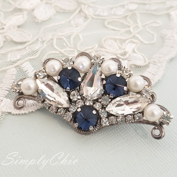 Vintage Fan Shape Crystal Hair Clip Barrette , Art Deco Swarovski Rhinestone Hair Pin , Algo Azul Accesorios de Boda, Boho Boda
