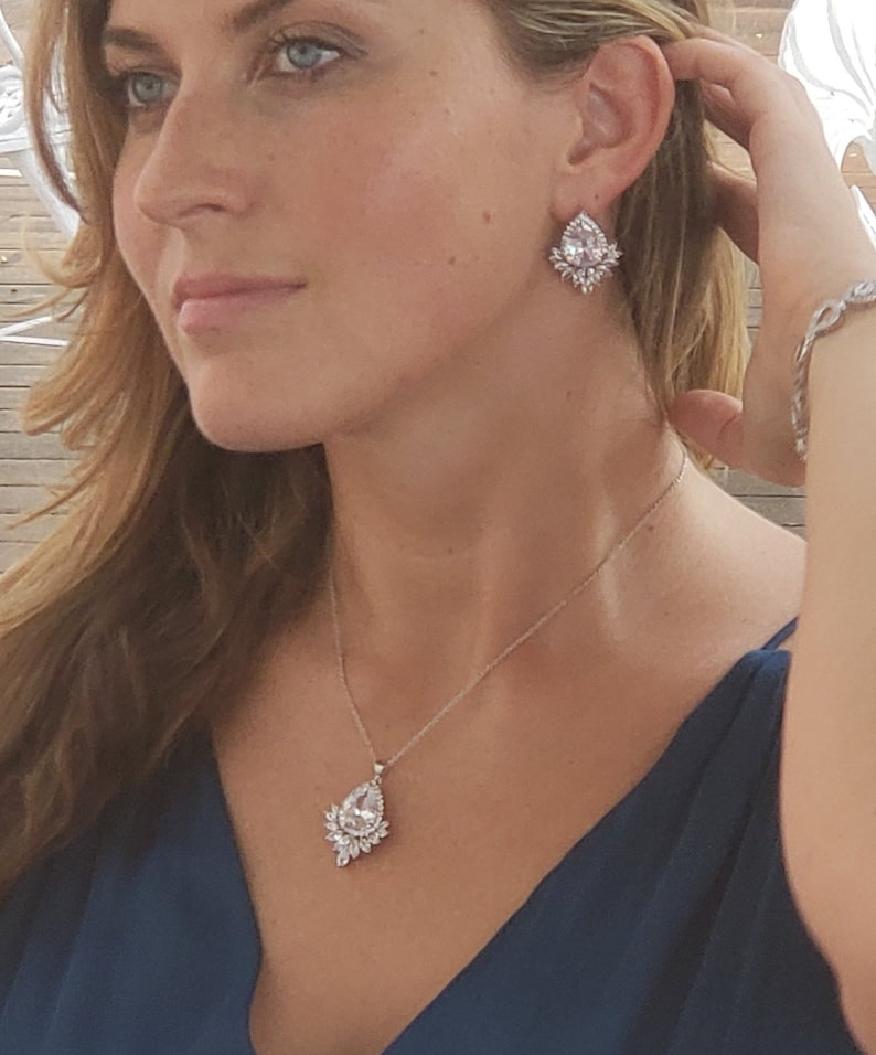 Vintage Peal Drop pendant Clip On Vintage Wedding CZ Stones Drop Earrings Necklace Set Clear Diamond Crystal Bridal Earrings Necklace set