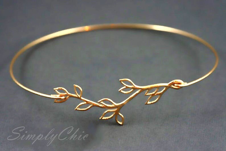 Gold Bangle, Silver Bangle, Bracelet, Leaf, Branch, Olive Branch, Greek, Open branch gold bangle bracelet image 5