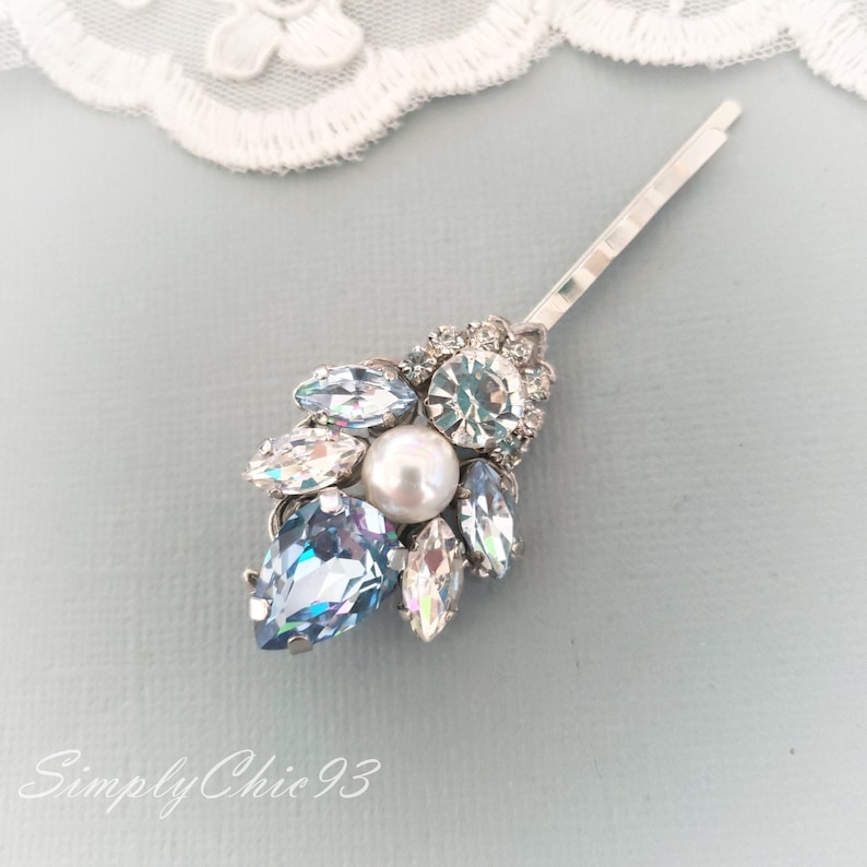 Snow Blue Pins, Light Sapphire Blue Swarovski Crystal Hair Pin. Vintage Dusty Blue Hair Clip,Head Piece, Wedding Crystal Hair Bobby Pin image 3