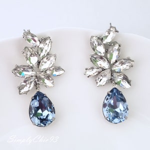 Sapphire Light Blue Statement Earrings-Large Crystal earrings,Dusty Blue Chandelier Earrings, Cluster Crystal Earrings, Weddings 2019