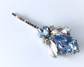 Vintage Light Sapphire Blue Crystal Brooch-Hair Clip Barrette , Swarovski Blue Bobby Pin , Something Blue Wedding Accessories, Boho Wedding