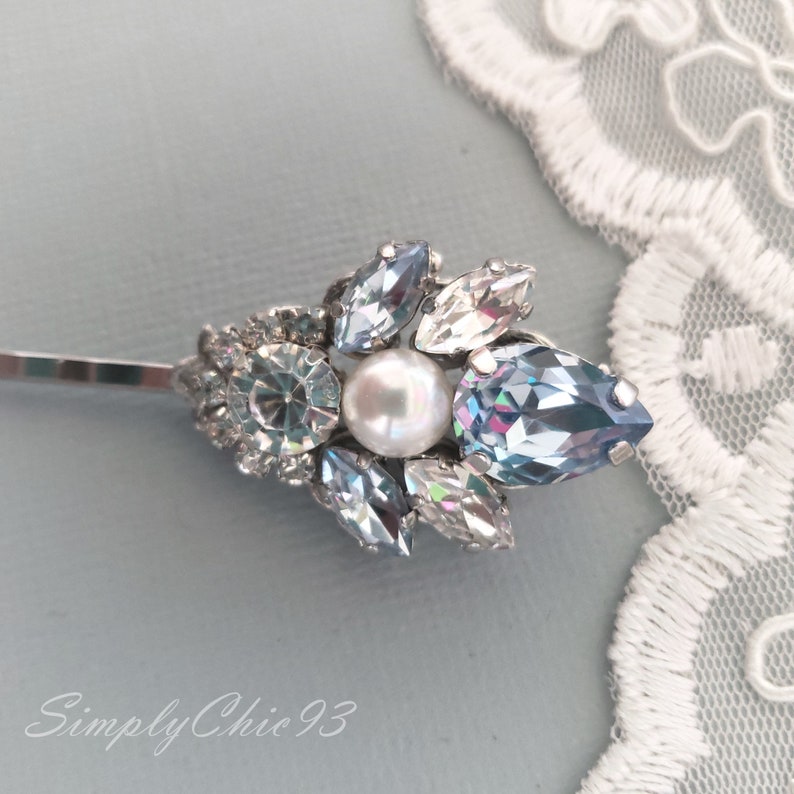 Snow Blue Pins, Light Sapphire Blue Swarovski Crystal Hair Pin. Vintage Dusty Blue Hair Clip,Head Piece, Wedding Crystal Hair Bobby Pin image 8