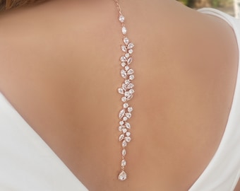 Rose Gold Back Drop Zircon Collier nuptiale , Collier de feuilles, Accessoires de mariage Collier Zircon , Long Back drop