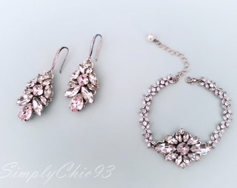 Dusty Rose Light Pink Swarovski Crystal Bracelet  Earring, Blush Bridal Earrings Bracelet, Weddings 2019,Crystal Light Pink Bracelet