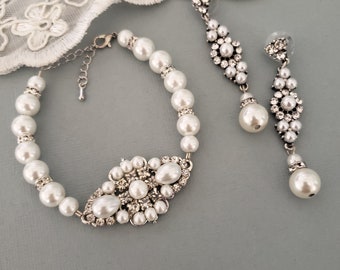 Swarovski Rhinestones and Pearls Bridal Earrings Bracelet, Pearl Crystal Wedding Jewelry, Earrings Bracelet Bridal Set, Vintage Victorian