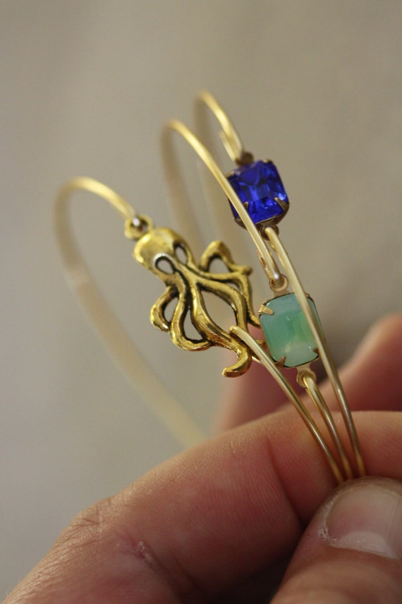 Gold Bangle Gold Bracelet Navy Blue Opal Green Octopus Etsy