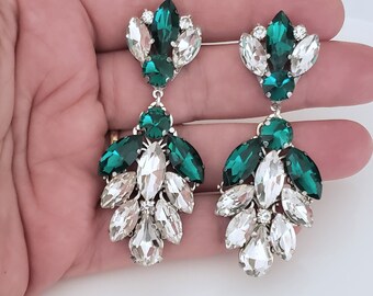 Emerald Bridal Crystal Earrings, Dark Green Wedding Jewelry, Emerald Wedding Earrings, Emerald Drop Earrings, Green Chandelier Earrings,2020