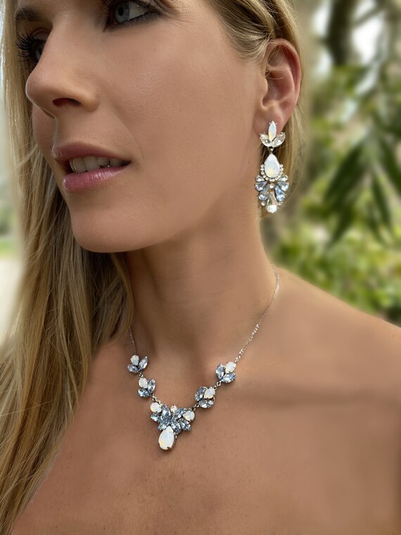 Sapphire Light Blue Statement Earrings Large Crystal earrings Dusty Blue White Opal Chandelier Earrings Vintage Opal Earrings Victorian