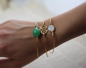 Boho Bangle Bracelet, messing armbanden, groene jade steen armband, Oosterse knoop kasjmier Gouden Armband set van drie nautische