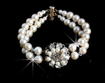 Dina Swarovski crystal and pearl Bridal double strand bracelet