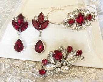 2023 Christmas Gift Special-Bridal Couture Statement Earrings-Red, Ruby Hair comb, Bridal Red Jewelry, Garnet Red Swarovski, Gift for Her