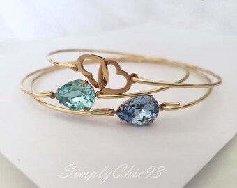 Handcuff Bangle Set- Hearts Gold Bracelet Bangle Cuff, Aquamarine Swarovski, Sapphire Swarovski Bracelet, Beach Wedding Gift, Tie The Knot