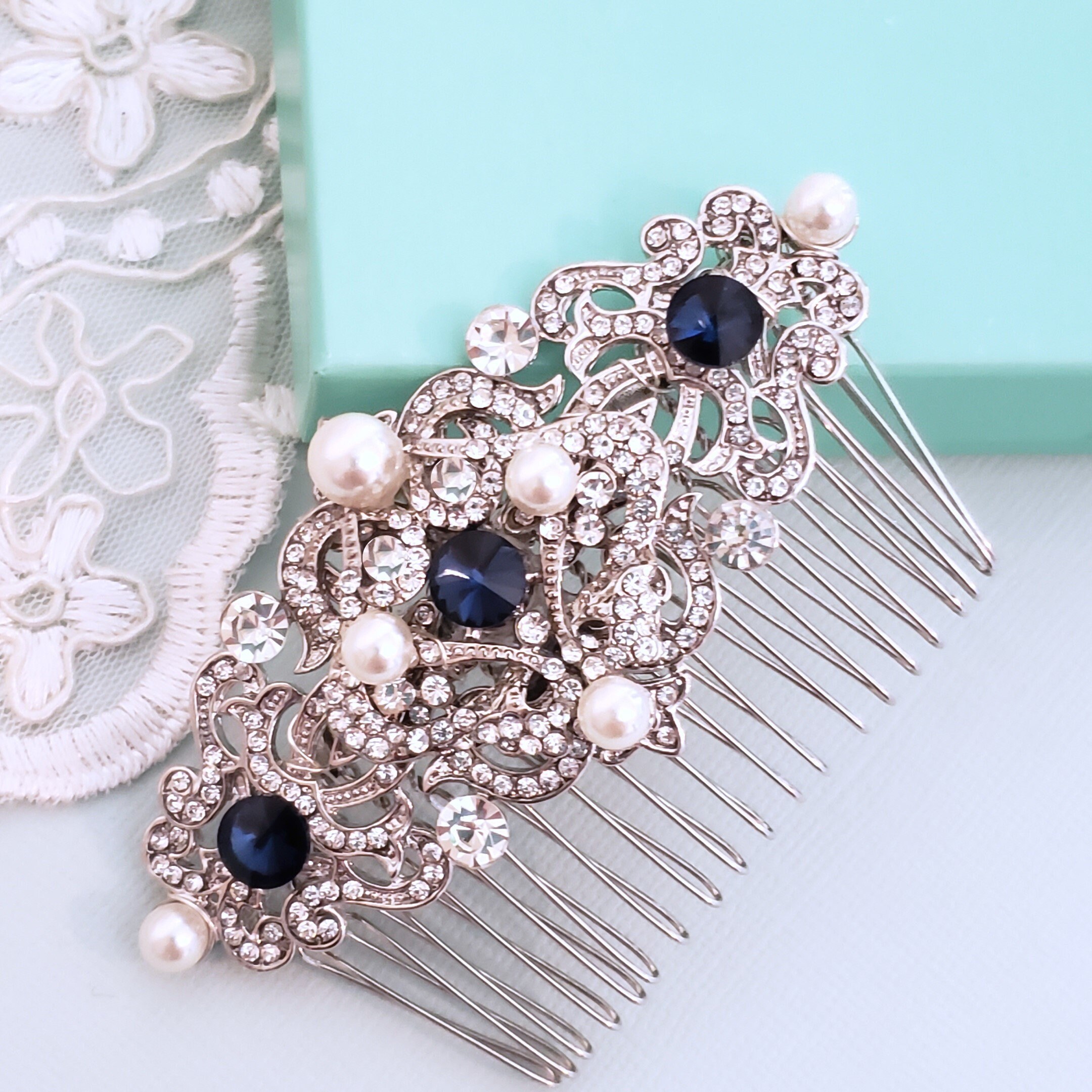 Montana Blue Crystal Hair Comb, Vintage Bridal Clear  display picture 1