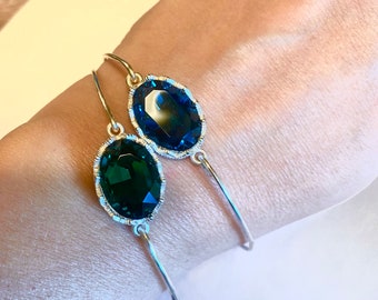 Emerald Green Drop Earrings, Silver Emerald Earrings, Large Oval Stone Bangle, Emerald Bangle, Peacock Green Bangle, Montana Blue Bracelet