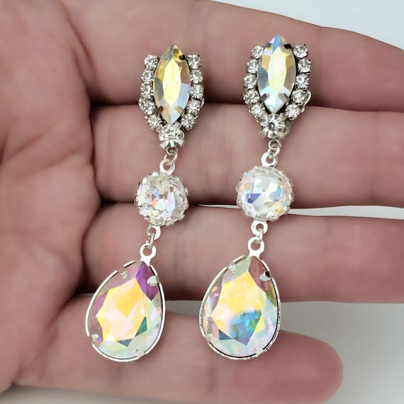 Silver Aurora Borealis Teardrop Earrings - Crystal Rhinestone Dangle Earrings For Special Occasions