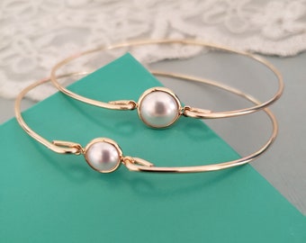 Mother Child Pearl Bangle- Mother Gold Bracelet, Single Pearl Cuff Bangle Bracelet, Bridal Jewelry, Bridesmaids Gift, Bridesmaids cuff 2020