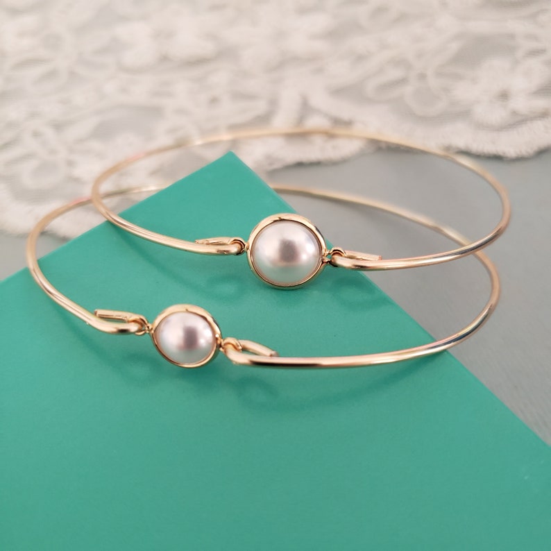 Mother Child Pearl Bangle Mother Gold Bracelet, Single Pearl Cuff Bangle Bracelet, Bridal Jewelry, Bridesmaids Gift, Bridesmaids cuff 2020 image 1