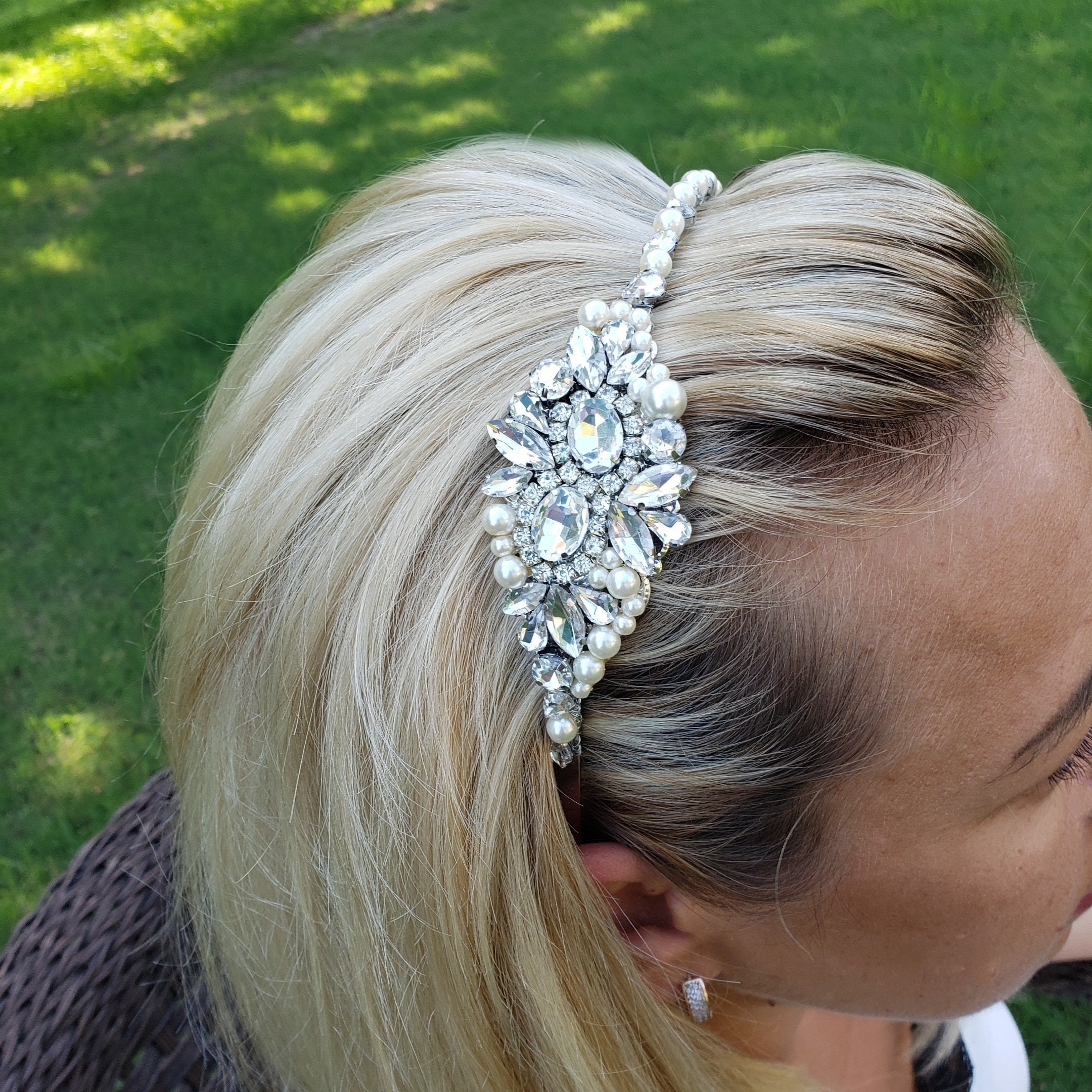 BC- Blue and White Brocade Headband with Crystals and Pearls main image 0