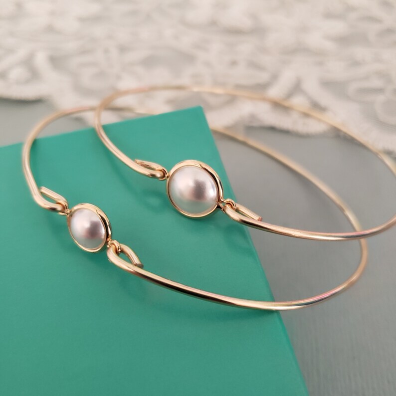 Mother Child Pearl Bangle Mother Gold Bracelet, Single Pearl Cuff Bangle Bracelet, Bridal Jewelry, Bridesmaids Gift, Bridesmaids cuff 2020 image 3
