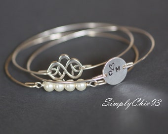 Custom Initial Stamped, Silver Bracelet, Silver Bangle, Infinity Bracelet , Stackable, Celtic knot Bracelet, Pear bangle