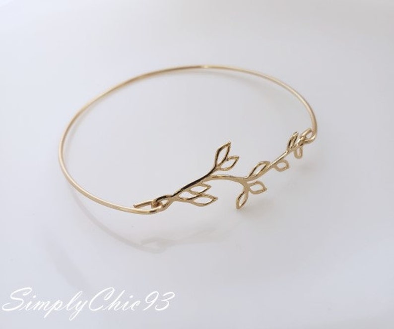 Gold Bangle, Silver Bangle, Bracelet, Leaf, Branch, Olive Branch, Greek, Open branch gold bangle bracelet image 4