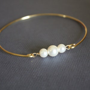 Three Pearl Bracelet Bangle, Past Present Future Jewelry, Girlfriend Gift, Gold Bangle, Bridal bracelet, Bridesmaid,Memorable gifts, image 2