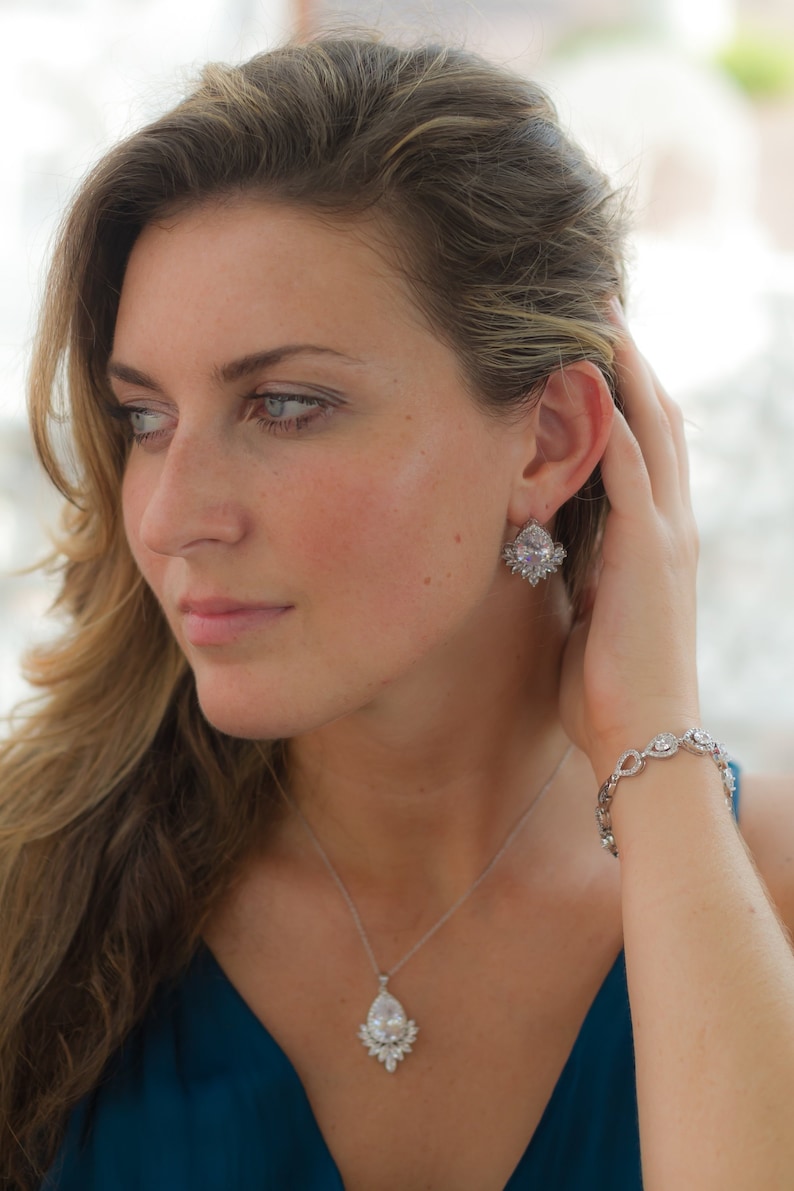 Vintage Peal Drop pendant Clip On Vintage Wedding CZ Stones Drop Earrings Necklace Set Clear Diamond Crystal Bridal Earrings Necklace set