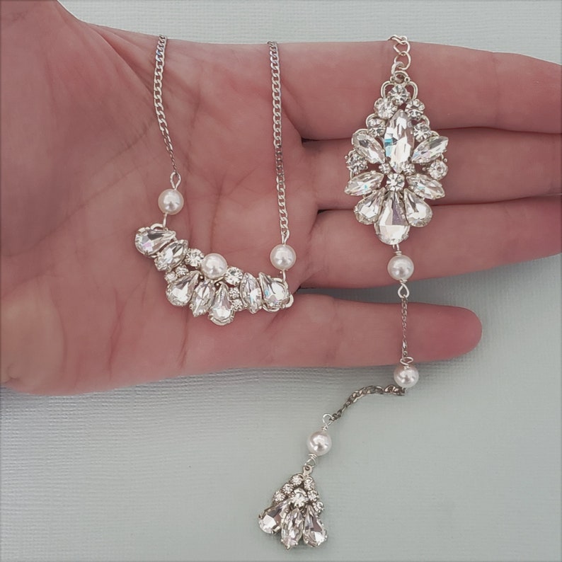Silver Vintage Swarovski Bridal Earrings, Wedding Statement Jewelry,Long Crystal Earrings,Art Deco Earrings,Pearl chandelier Earrings,Set image 9