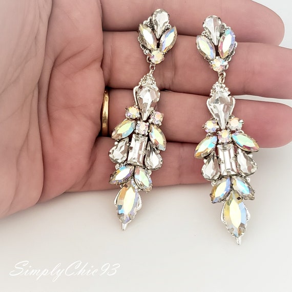 SimplyChicDesigner Aurora Borealis Iridescent Crystal Statement Earrings Long Crystal Earrings Drop Chandelier Rainbow Crystal Vintage AB Bridal Earrings