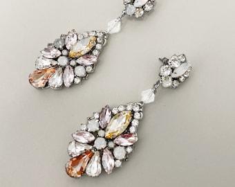Gold Shadow Swarovski Crystal Earrings, White Opal Earrings, Light Peach Crystal Earrings, Blush Rose, Multi Color Swarovski Bridal Earrings