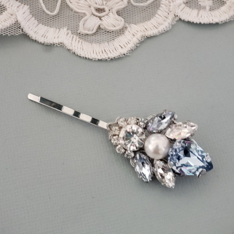 Snow Blue Pins, Light Sapphire Blue Swarovski Crystal Hair Pin. Vintage Dusty Blue Hair Clip,Head Piece, Wedding Crystal Hair Bobby Pin image 4