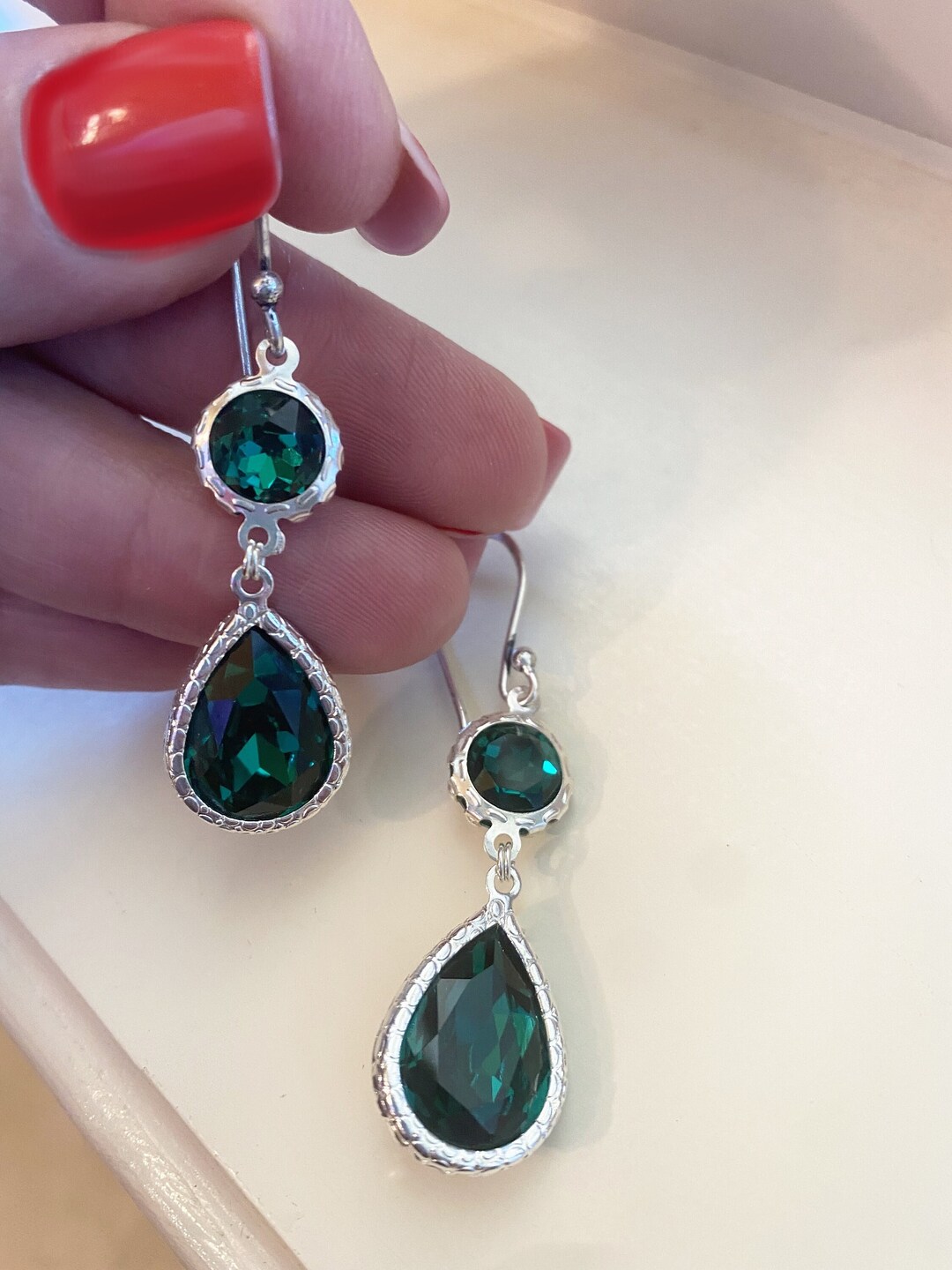 Emerald Green Drop Earrings Silver Emerald Earrings Large Etsy