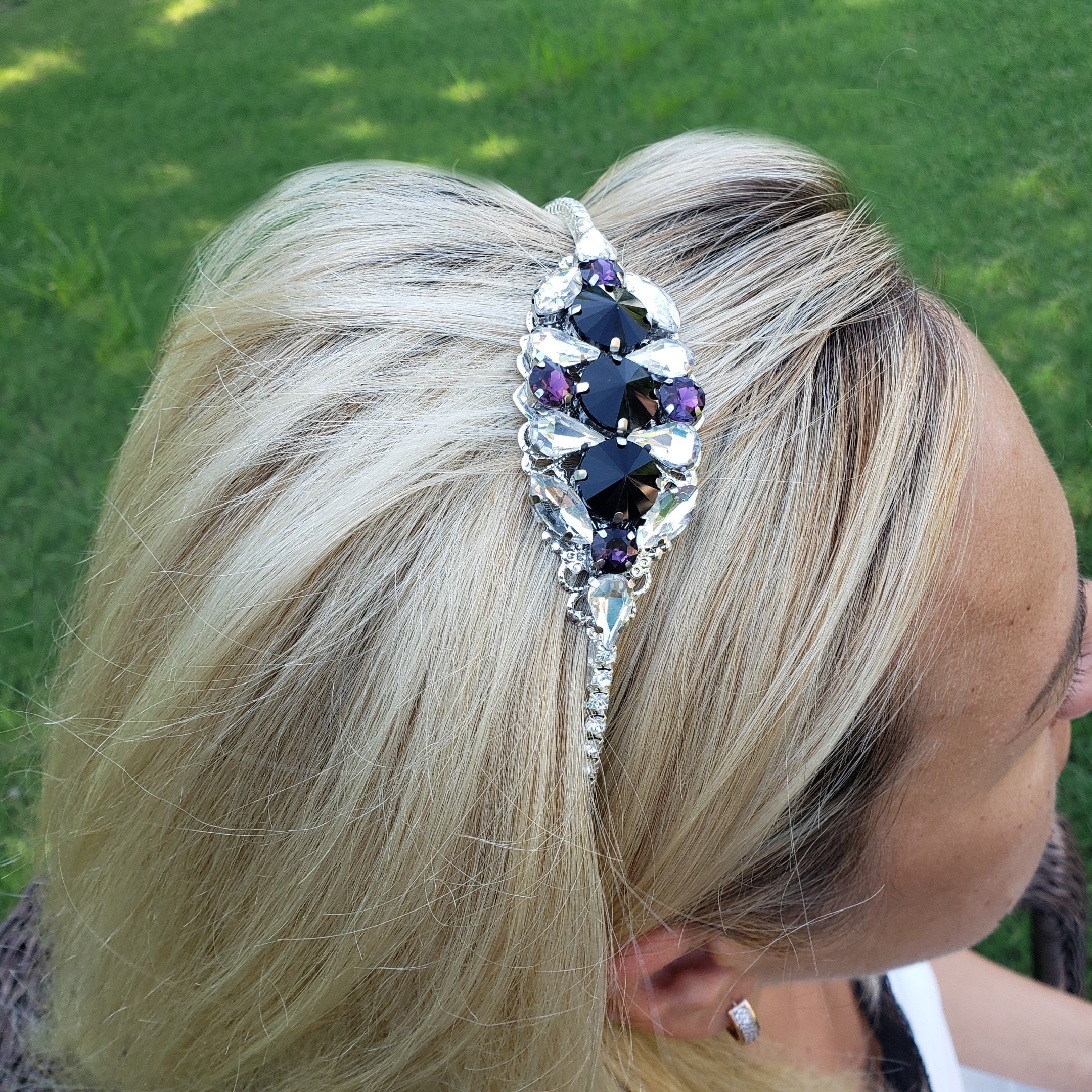 Elegant Black and Purple Gemstone Headband Amazon.com : Uintoon Purple Headband Rhinestone Embellished  main image 3