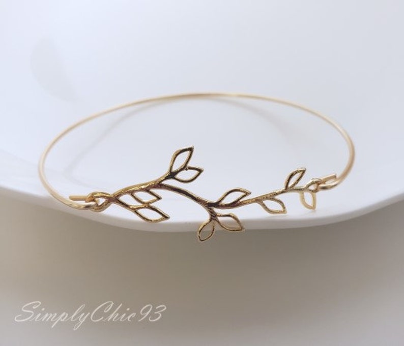 Gold Bangle, Silver Bangle, Bracelet, Leaf, Branch, Olive Branch, Greek, Open branch gold bangle bracelet image 2
