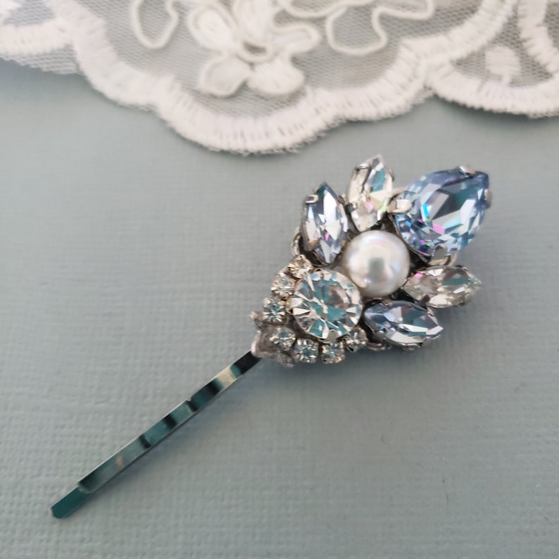 Snow Blue Pins, Light Sapphire Blue Swarovski Crystal Hair Pin. Vintage Dusty Blue Hair Clip,Head Piece, Wedding Crystal Hair Bobby Pin image 5