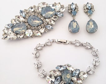 Dusty Blue Crystal Bridal Jewelry, Dusty Blue Crystal Bracelet,Blue Opal Drop Earrings, Light Blue Opal Wedding Brooch, Smoky Blue Crystals