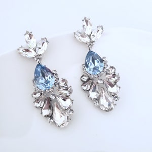 Sapphire Light Blue Statement Earrings-Large Crystal earrings,Dusty Blue Chandelier Earrings, Cluster Crystal Earrings, Weddings 2019