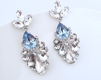 Sapphire Light Blue Statement Earrings-Large Crystal earrings,Dusty Blue Chandelier Earrings, Cluster Crystal Earrings, Weddings 2019