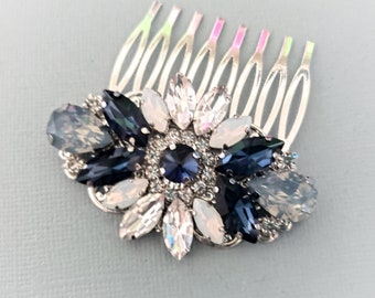 Dark Light Blue Crystal Hair Comb , Vintage Bridal Clear Crystals and Dusty Blue Stones Comb ,Blue Opal, Something Blue Wedding Accessories.